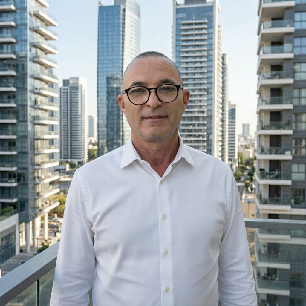 גיא טורצקי עומד על מרפסת על רקע בנייני מגורים גבוהים